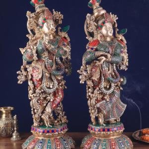 Radha Krishna Statue Pure Brass 27" Tall | Intricate Stonework & Meenakari | Divine Love Sculpture | 40 kg Lotus Base | Home Temple Decor